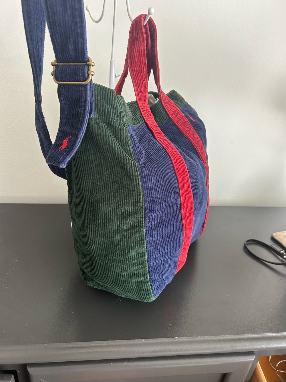 Polo Ralph Lauren Colorblock Corduroy Tote Crossbody bookbag Navy Green Red Tote - Picture 5 of 11
